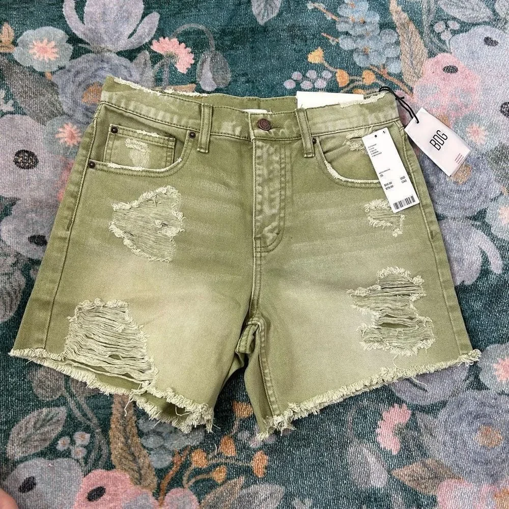 NWT BDG Urban Outfitters Jean Shorts Womens 26 Green Dropped High Waist Destroy